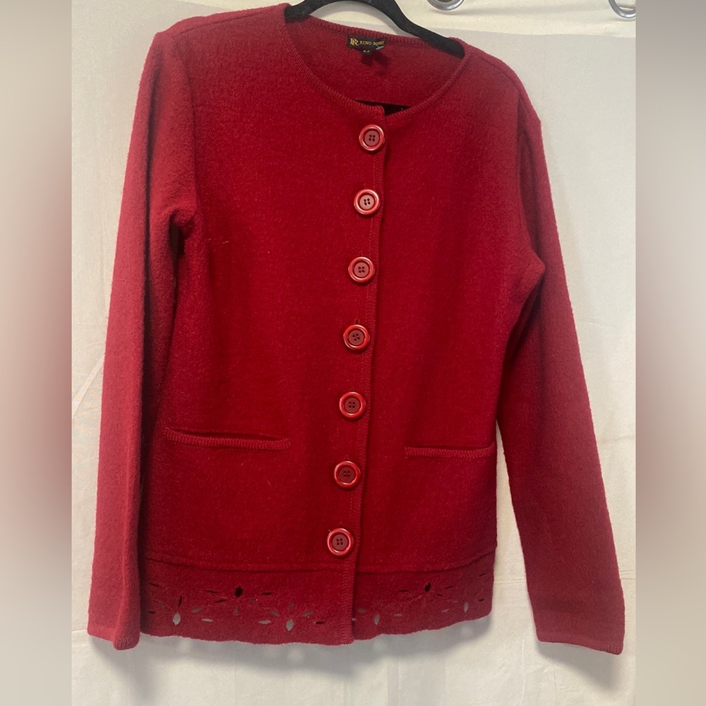 Boiled Wool Red Cardigan Sweater Size Small
